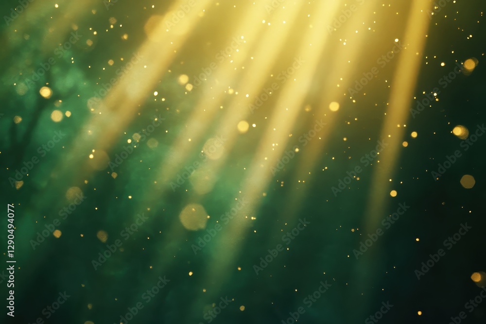 Aufkleber radiating light beams create a magical atmosphere with sparkling particles in a serene background, b