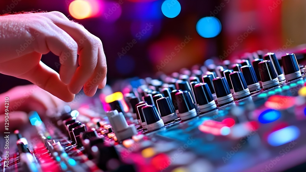 Poster a close-up of a hand adjusting knobs on a colorful audio mixing console with vibrant lights in the b