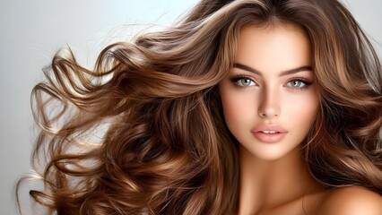 Naklejka premium A close-up of a person with long, wavy hair and striking features, displaying a soft and glowing appearance. Concept Close-Up Portrait, Long Wavy Hair, Striking Features, Soft Glow, Radiant Skin
