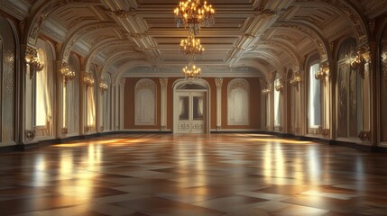 Elegant Ballroom With Large Windows and Intricate Design Illuminated by Natural Sunlight in a Historic Building During the Afternoon