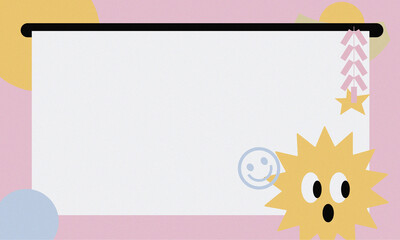 A playful, pastel-coloured abstract illustration featuring a large white rectangular space resembling a projection screen or blank canvas