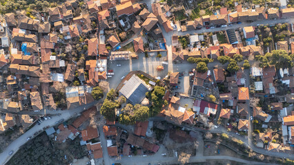 Architecture stone buildings, traditional Turkish village houses in touristic place Birgi, Izmir. Landscape with aerial drone.