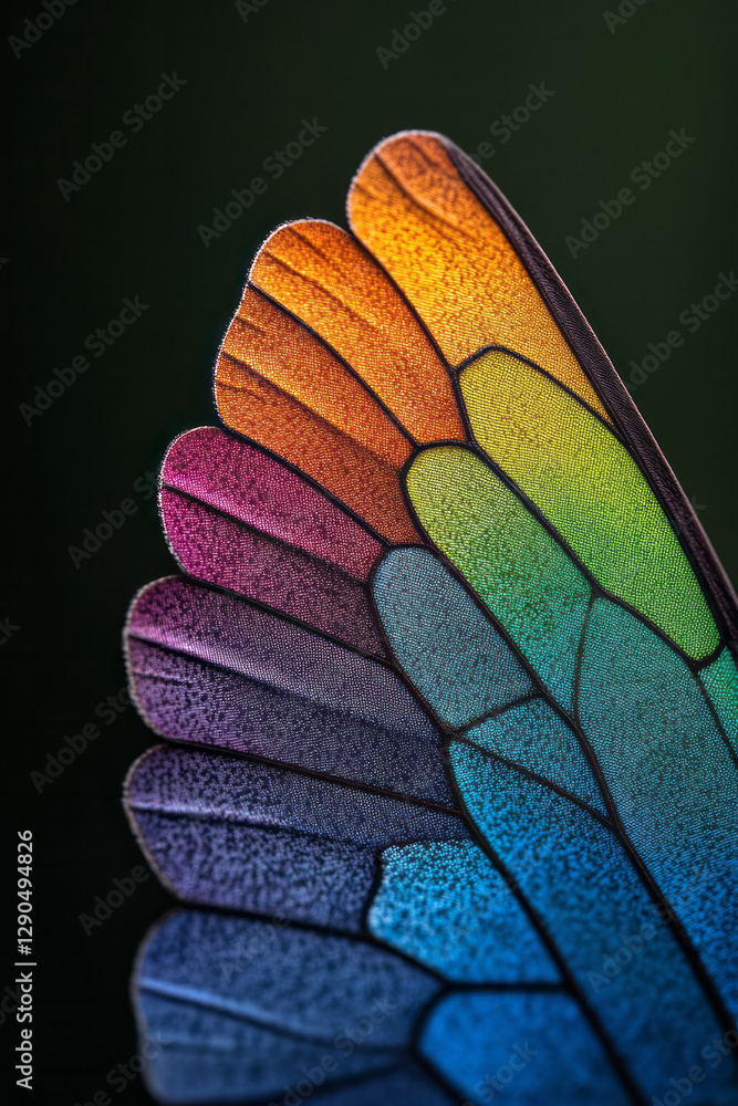 Poster sharp focus macro shot displaying the layered architecture of a butterfly wing, striking color