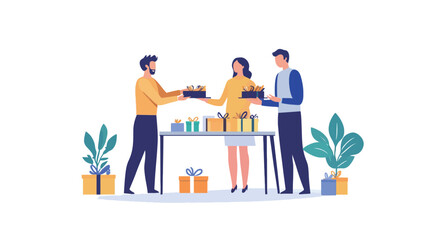 A vector illustration depicting three individuals, two men and one woman, engaged in exchanging gifts. The individuals are stylized with simple features and bold outlines. They are dressed