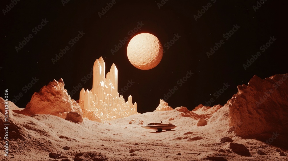 Poster spaceship on strange planet with moon behind, sci-fi conceptual scene