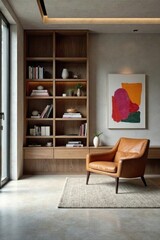 Modern Minimalist Living Room Design Featuring a Built-in Oak Bookshelf and Tan Leather Armchair