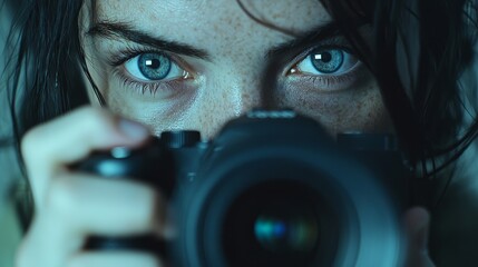 Close-up shot of a photographer in action, capturing images with a digital camera, their concentration evident in their face 