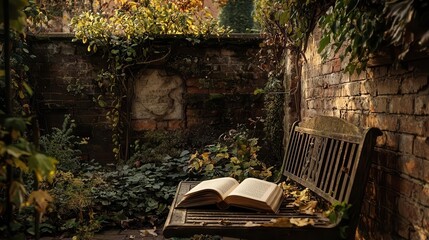 Autumnal Garden Scene Open Book on Rustic Bench