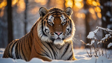 Obraz premium A majestic siberian tiger relaxes in the snow, bathed in the warm glow of the winter sun.