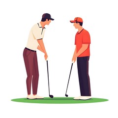 Two men are playing golf, one in a white shirt and the other in an orange shirt