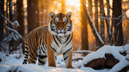 Obraz premium A siberian tiger stands powerfully in a snow-covered forest as the sun sets, creating a golden glow.