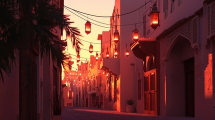 Evening in a narrow street of an arab town decorated with lanterns and palm trees