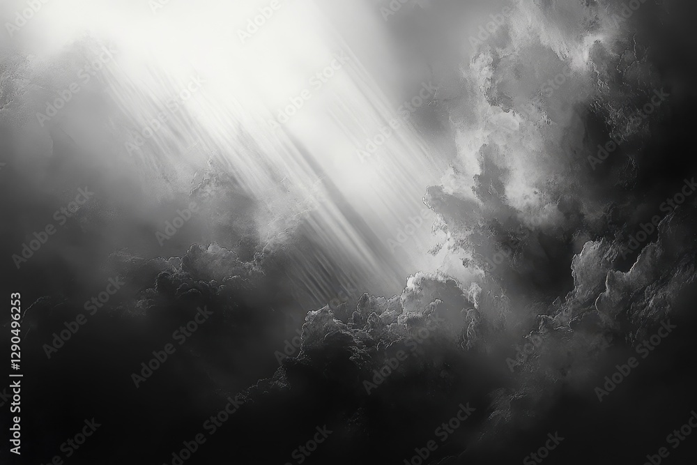 Poster sunlight breaks through dark clouds creating a dramatic contrast in the sky, sunlight trying to brea