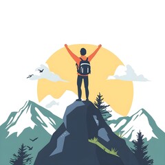 A man is standing on a mountain top, with a backpack on his back