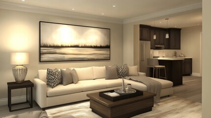 Fototapeta premium Modern Living Room Design Featuring Neutral Tones and Elegant Furnishings in a Spacious Home Interior