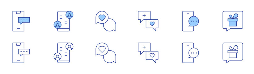 Chat icon set in two styles, Duotone and Thin Line style. Editable stroke. Mobile Messaging, User Chat List, Heart Chat, Positive Feedback Chat, Mobile Conversation, Gift Chat