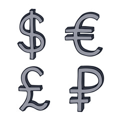 Hand drawn multiple currencies symbol set Dollar euro pound ruble