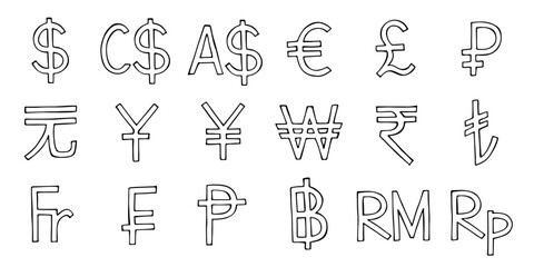 Hand drawn currency symbol set Dollar euro pound ruble yuan yen won rupee lira franc peseta baht ringgit rupiah