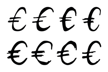 Hand drawn euro currency symbol set Brush stroke doodle Single element for design