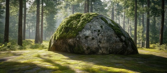 Mossy boulder in sunlit forest