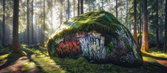 Graffiti-covered boulder in mossy forest