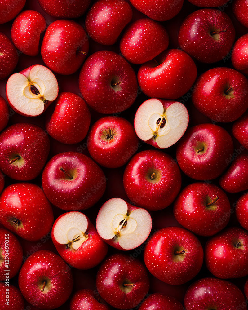 Poster dynamic radial design of whole and halved apples merging into swirling patterns, vivid palette,