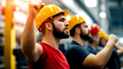 A group of workers in hard hats raise their fists, showing solidarity and determination in an industrial setting.