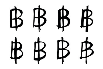 Hand drawn thai baht currency symbol set Brush stroke doodle Single element for design