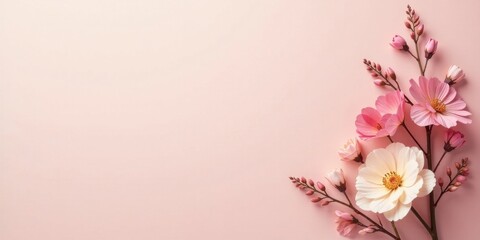 Delicate Pink and Cream Blossoms Arranged on a Soft Pink Background, a Springtime Floral Design for Invitations or Greeting Cards