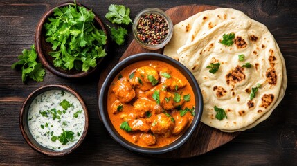 Delicious Indian Chicken Curry with Naan and Fresh Herbs on Table