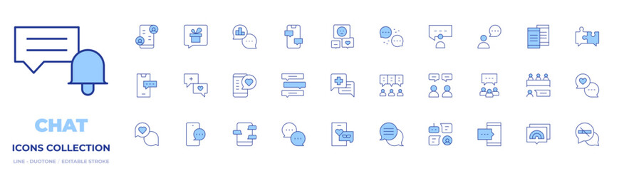 Chat icons collection. Line Duotone style, editable stroke. chat, bubble chat, viral, discussion, analytics, speaker, speech bubble, meeting