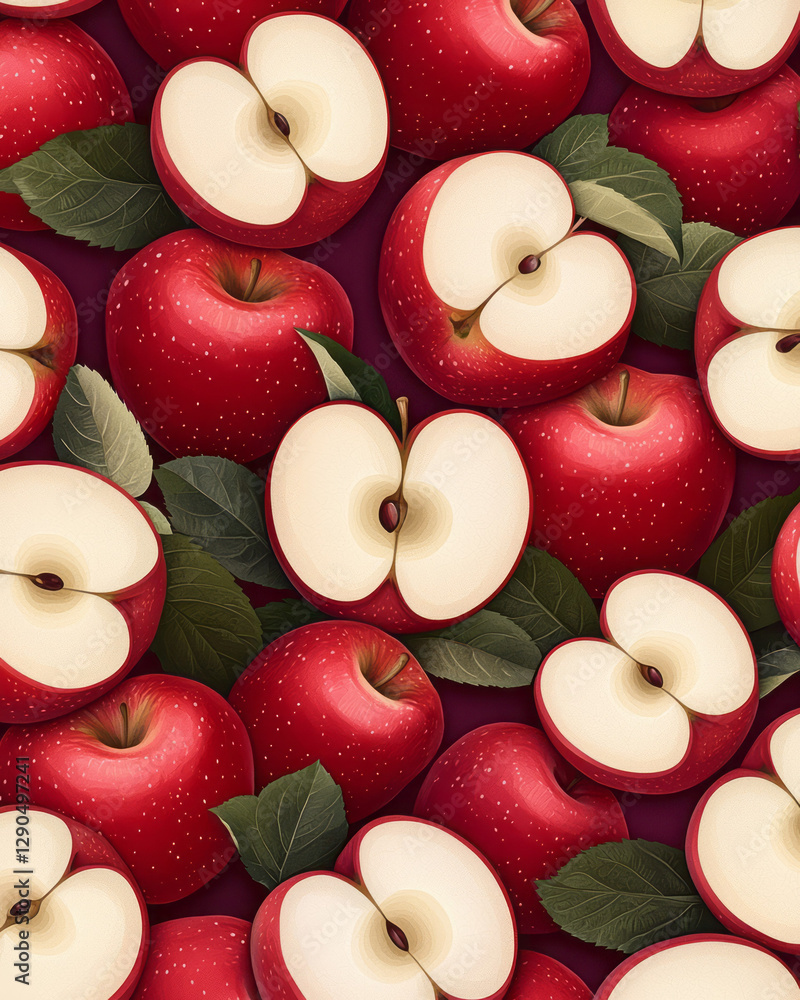 Poster kaleidoscopic pattern of twisting apples in various stages (whole, half, slice), elaborate