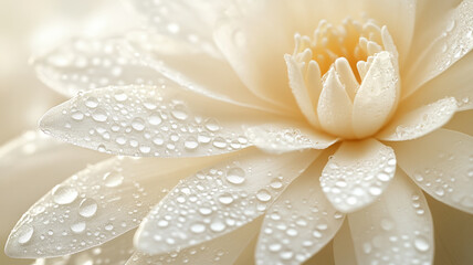 Macro shot of a white flower with dewdrops on petals.