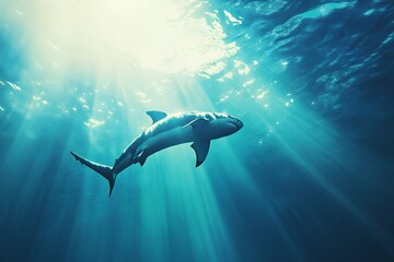 Naklejka premium Majestic shark swimming in sunlit ocean depths