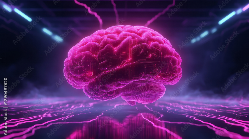 Aufkleber futuristic digital composition of a floating brain with glitch-inspired textures, neon circuit