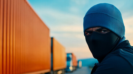 A shadowy figure wearing a mask and beanie stands near shipping containers against a sunset backdrop, suggesting a sense of mystery or tension.