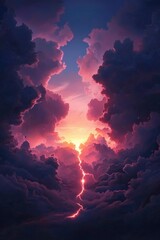 Fototapeta premium Lightning strikes during sunset with pink clouds in the background, for wallpaper