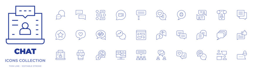 Chat icons collection. Thin Line icons, editable stroke. chat box, chat, chat group, live streaming, group, speech bubble, video chat, comment