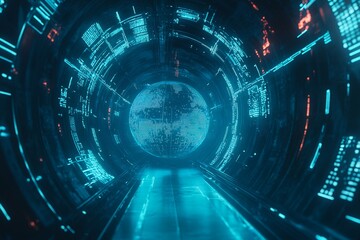 Futuristic sci-fi tunnel with glowing tech sphere in digital space