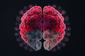 Bold collage of multiple brain halves arranged radially, intense neon highlight edges, glitch-based