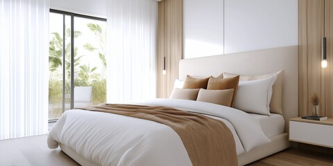 Modern bedroom with neutral tones and mustard accents