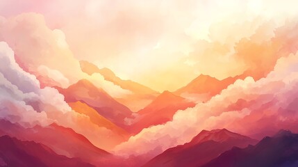 Dreamlike sunset landscape with majestic mountains piercing through vibrant clouds.