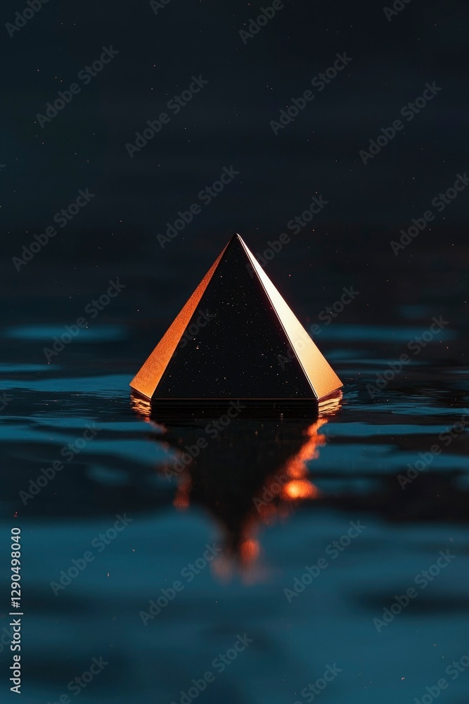 Poster pyramid floats on water creating reflection in dark and moody abstract scene