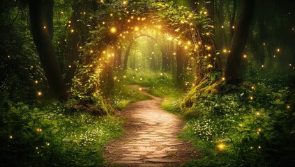 Obraz premium Magical forest path lit by glowing lights