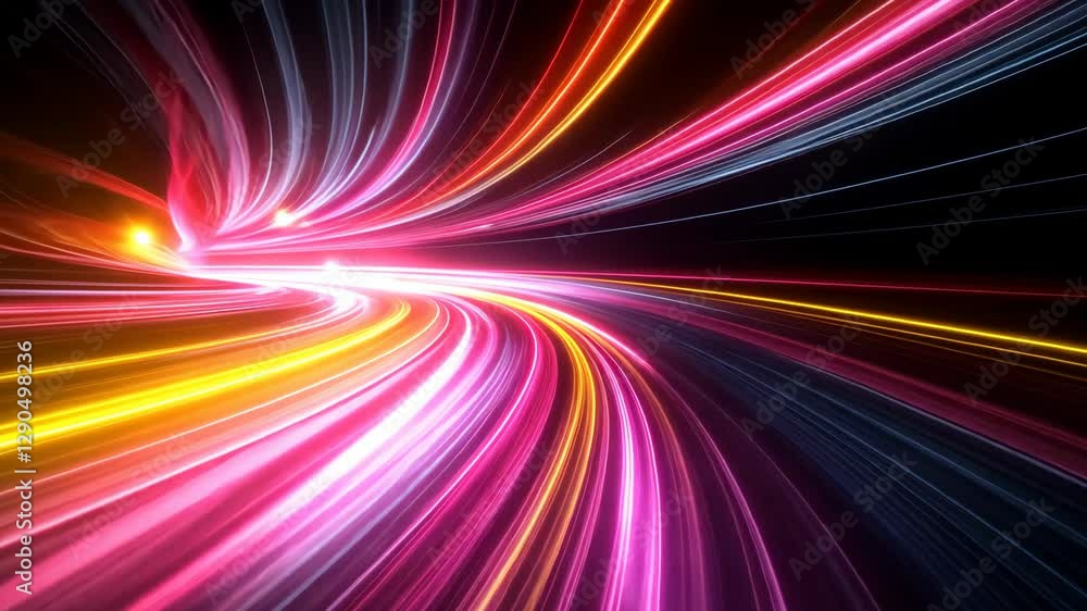 Poster dynamic neon light trails in fast motion, creating a vibrant and futuristic streamlined visual exper
