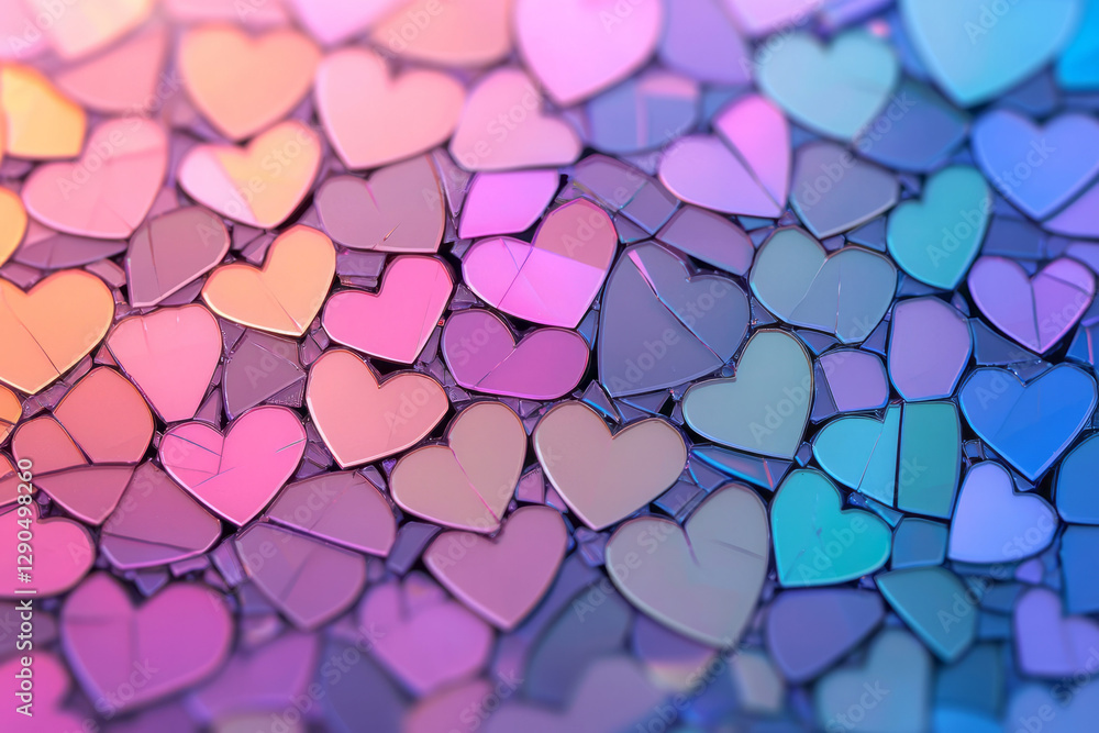 Poster macro-level view of multiple fragmented heart silhouettes forming a fractal pattern, moody shadows,