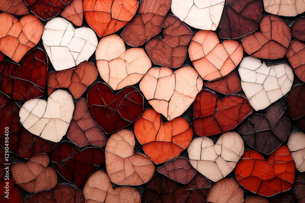 Poster Macro-level view of multiple fragmented heart silhouettes forming a fractal pattern, moody shadows,