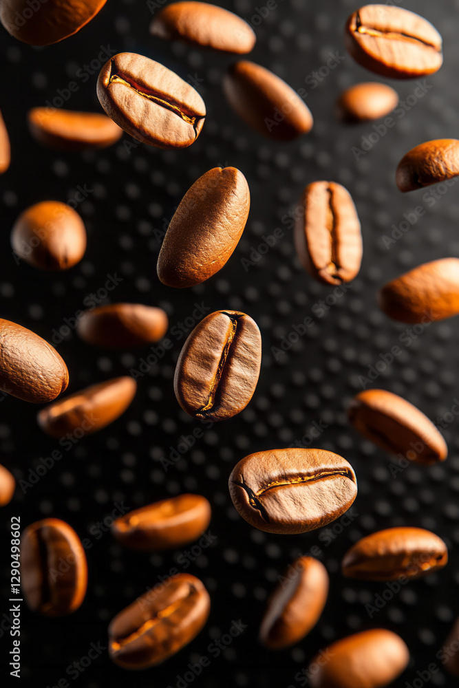 Poster overhead arrangement of roasted coffee beans floating in geometric patterns, bold contrasts, subtle