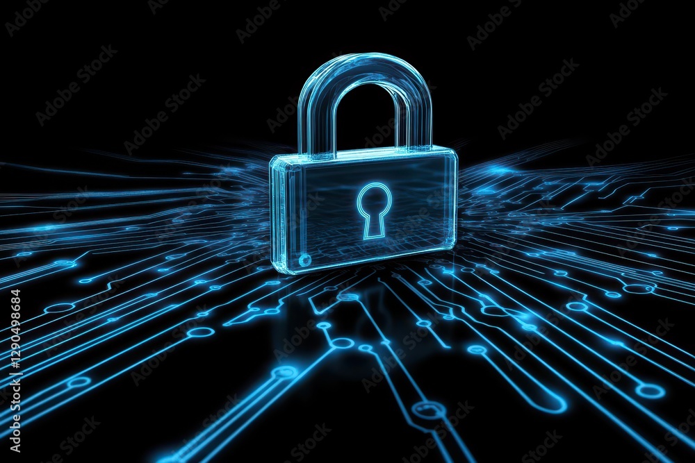 Poster padlock icon symbolizing digital security over interconnected data streams, padlock icon with connec