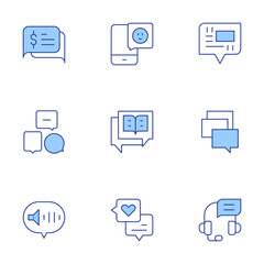 Chat icons set. Line Duotone style, editable stroke. chat, chat bubble, conversation, headphones, speech bubble, voice chat
